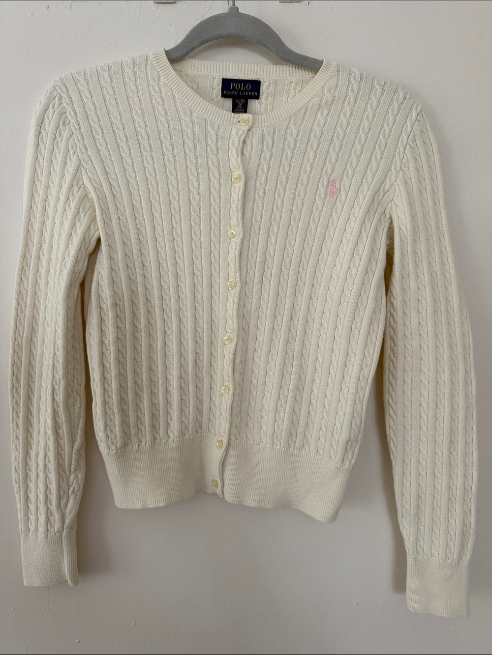 Polo by Ralph Lauren Women's Cream Cable-Knit Cardigan With Pink Logo
